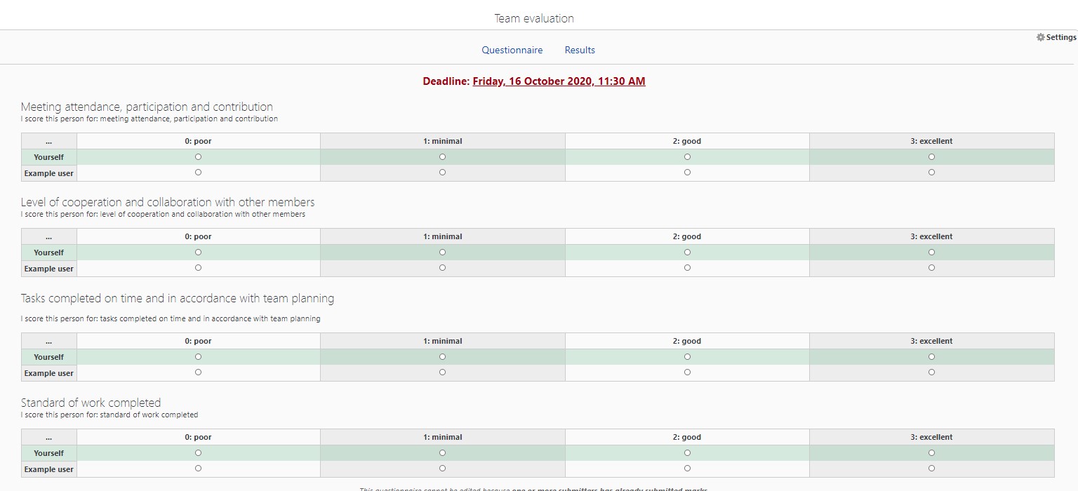 Team evaluation tool in Moodle, as organised in BIOL103.